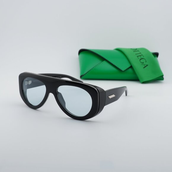 Bottega Veneta BV1362S 004 Sunglasses Black Geometric Frame, Blue Lenses